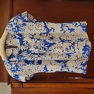 Boden | Women’s Blue and White Floral Print V-neck Silk Blend Blouse - size US 8